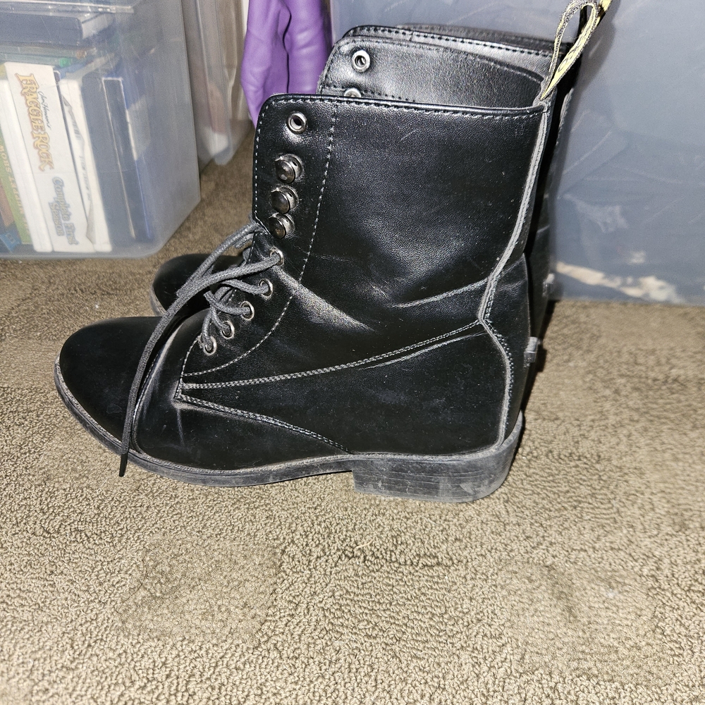 Saxon Black Faux Leather Combat Boots - Picture 4 of 7